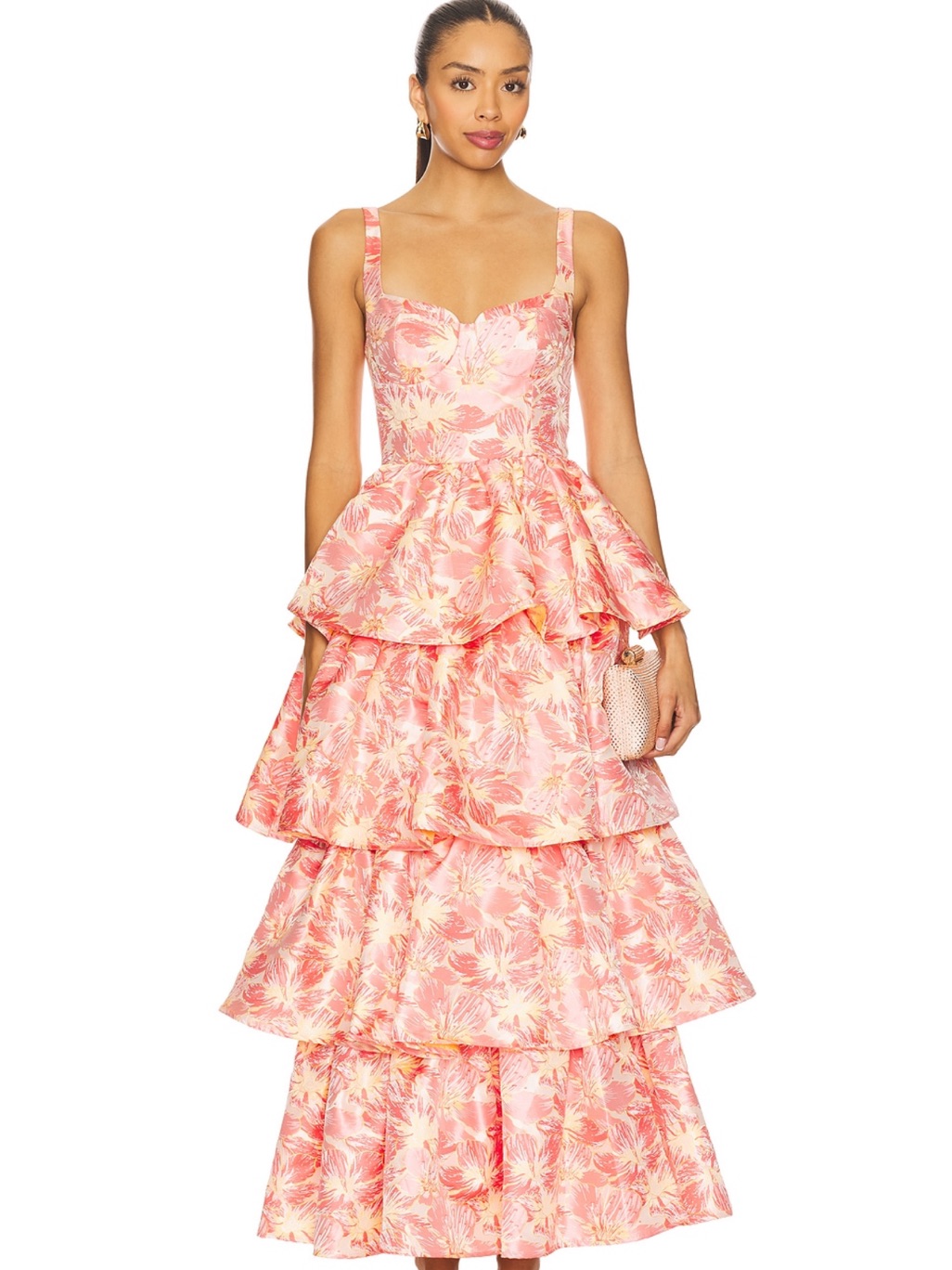 Lovers + Friends Coral Pink Floral Tiered Maxi Dress